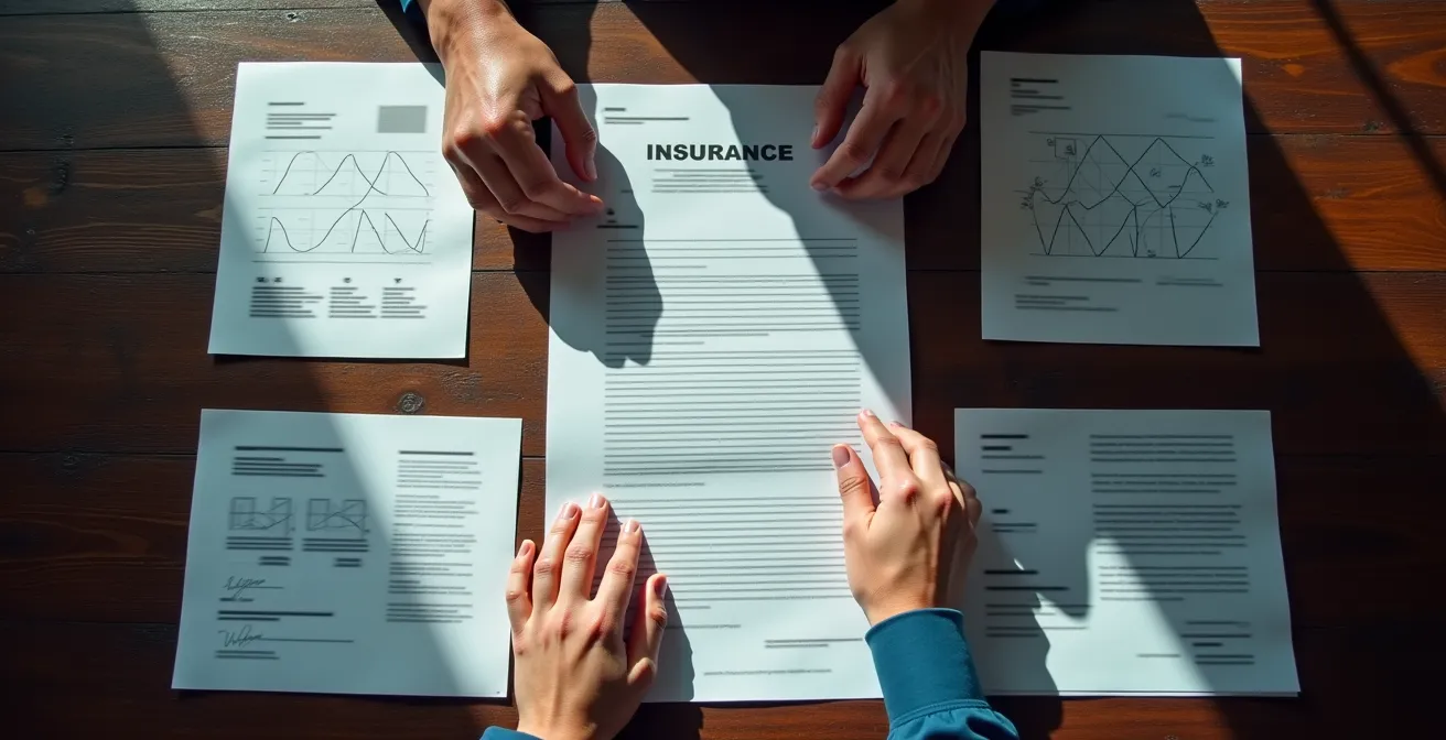 Person vergleicht verschiedene Reiseversicherungsdokumente auf einem Tisch