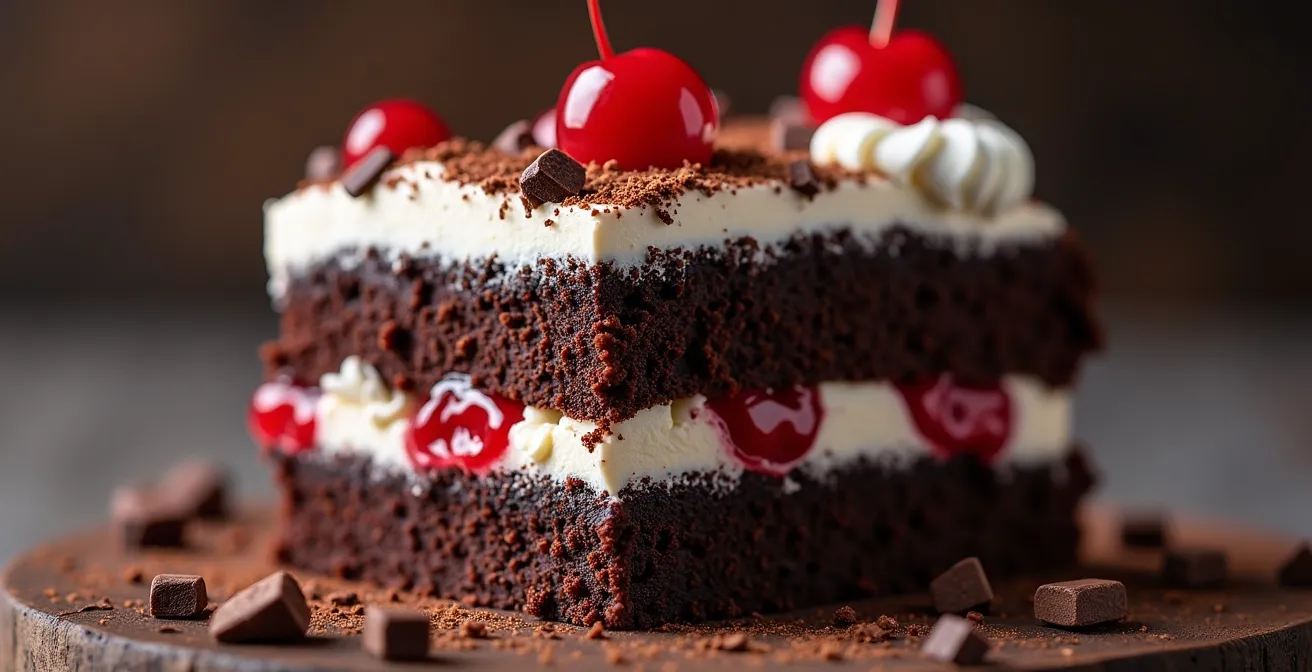 Makroaufnahme der Schichten einer Schwarzwälder Kirschtorte