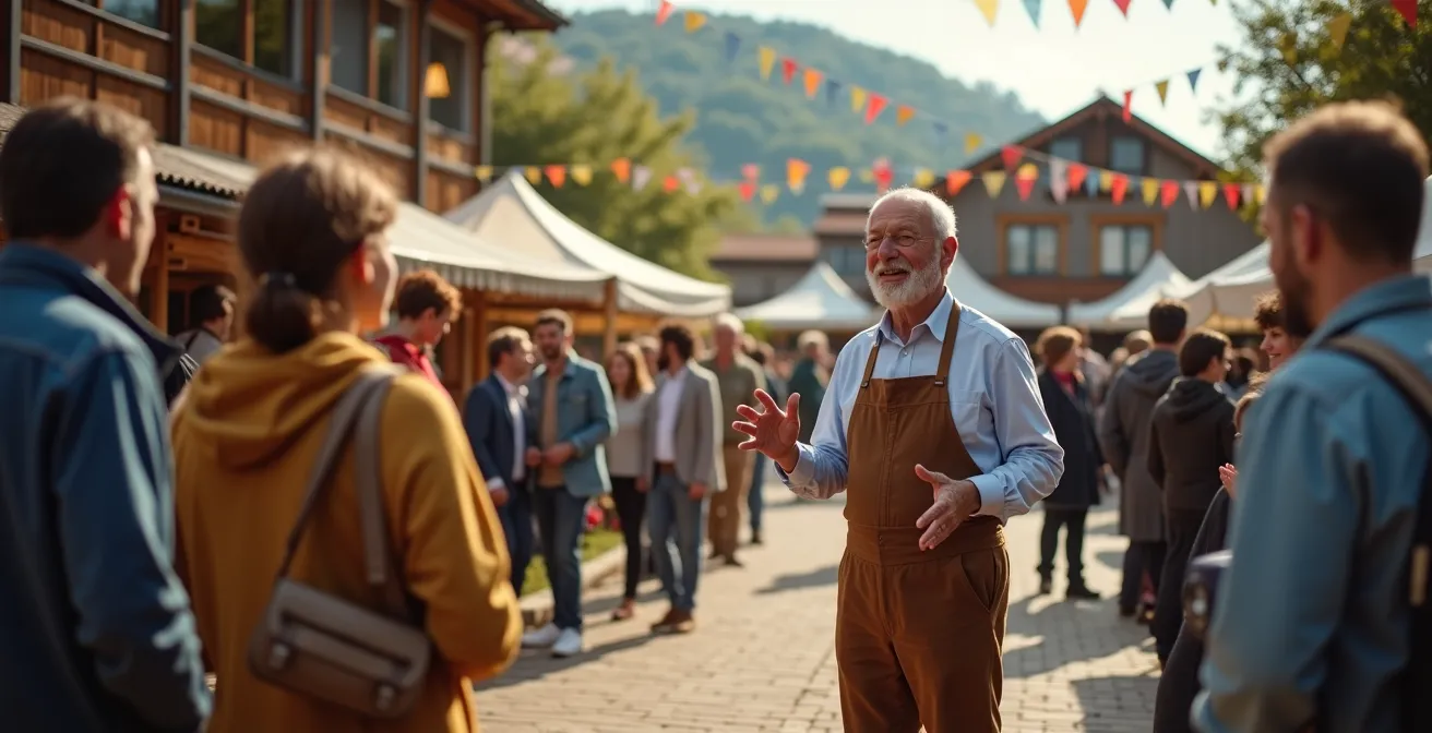 Lokaler Wirt im Gespräch mit Festbesuchern am Dorfplatz