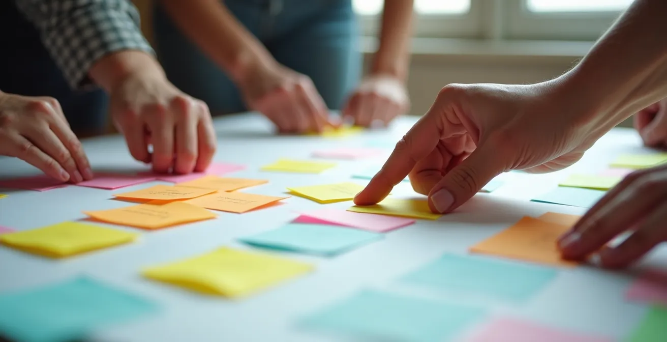 Nahaufnahme von Händen, die gemeinsam bunte Notizzettel auf einer großen Karte arrangieren