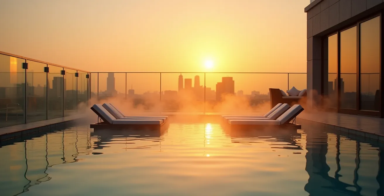Hotel-Dachterrasse mit Wellness-Pool und Stadtpanorama bei Sonnenuntergang