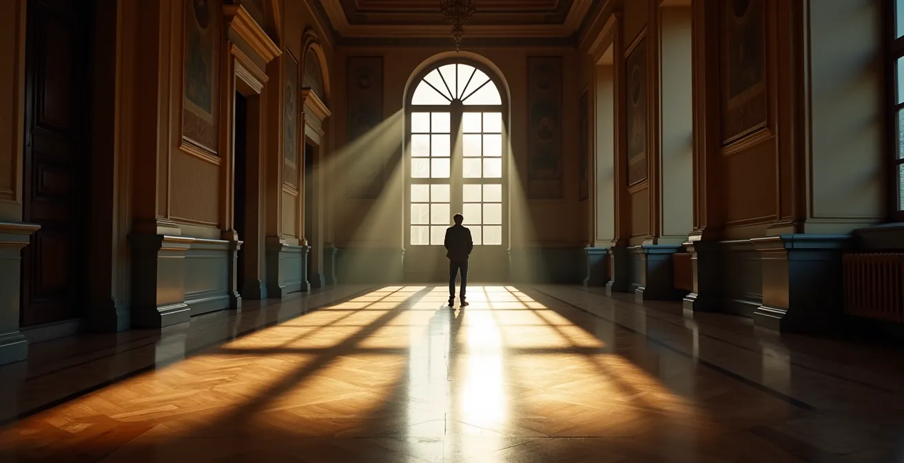 Leerer Schlosskorridor mit dramatischem Lichteinfall vermittelt die besondere Atmosphäre außerhalb der Hauptbesuchszeiten