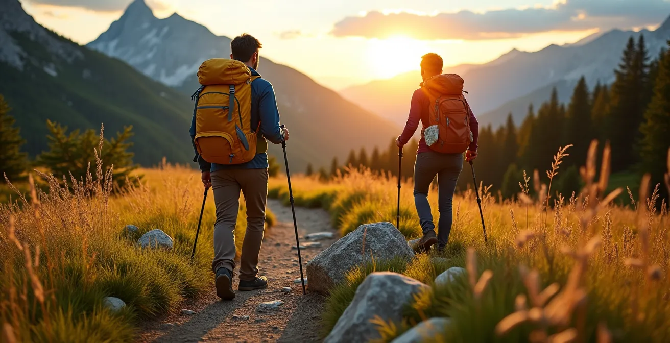 Splitscreen-Darstellung zeigt links Tageswanderer mit leichtem Rucksack und rechts Fernwanderer mit vollgepacktem Trekkingrucksack