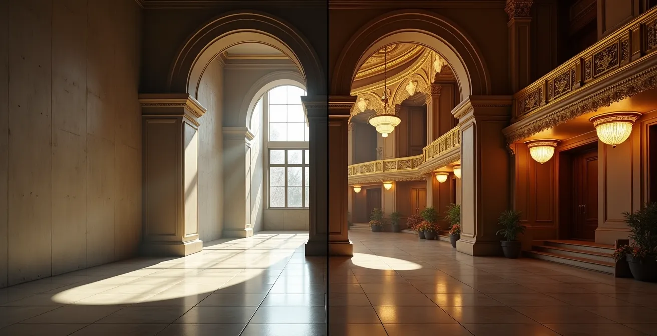 Kontrastaufnahme zwischen avantgardistischem Experimentaltheater-Foyer und kommerziellem Musicaltheater