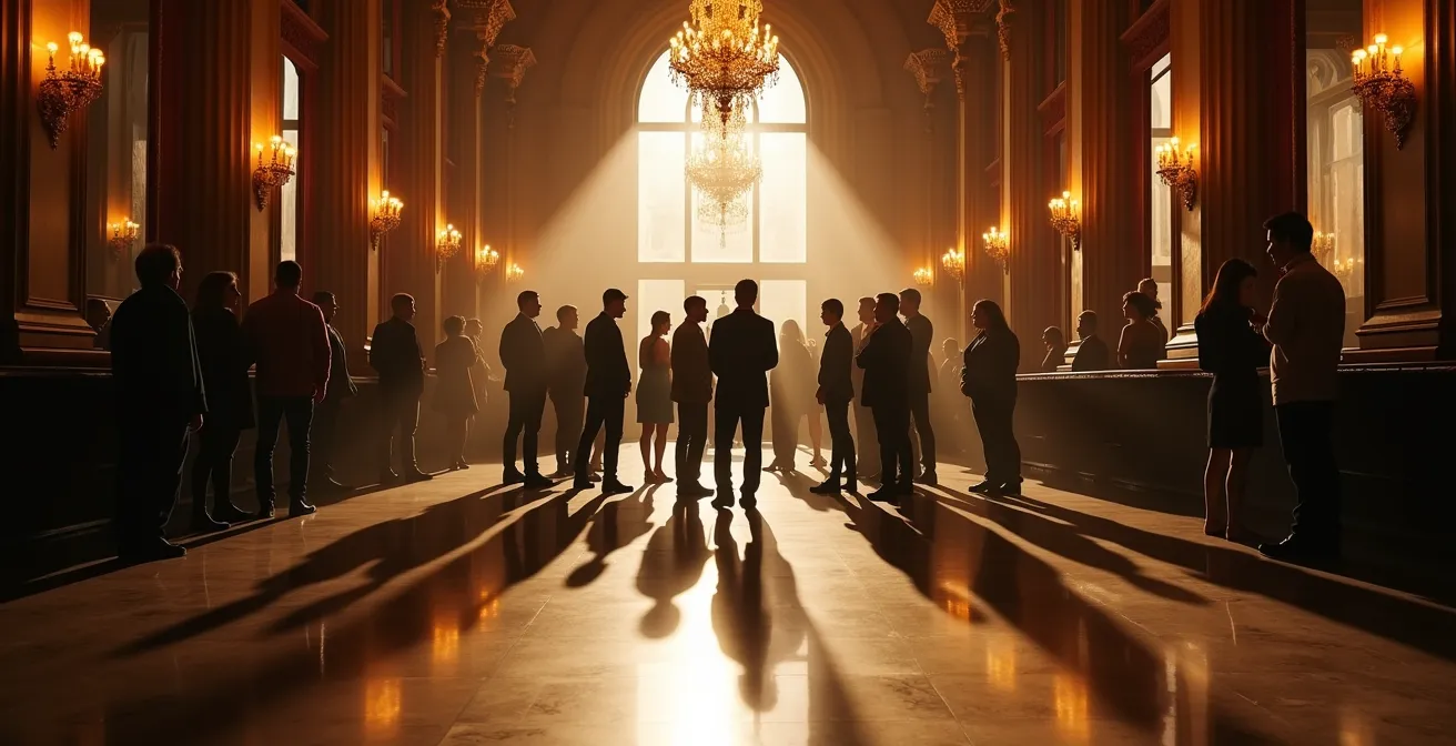 Theaterbesucher in nachdenklicher Diskussion nach einer Aufführung