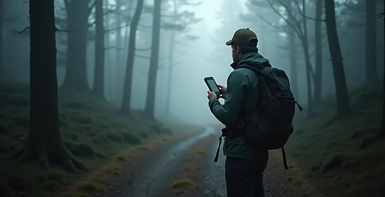 Wanderer mit digitalem Gerät erkundet einsamen Waldpfad bei Morgennebel