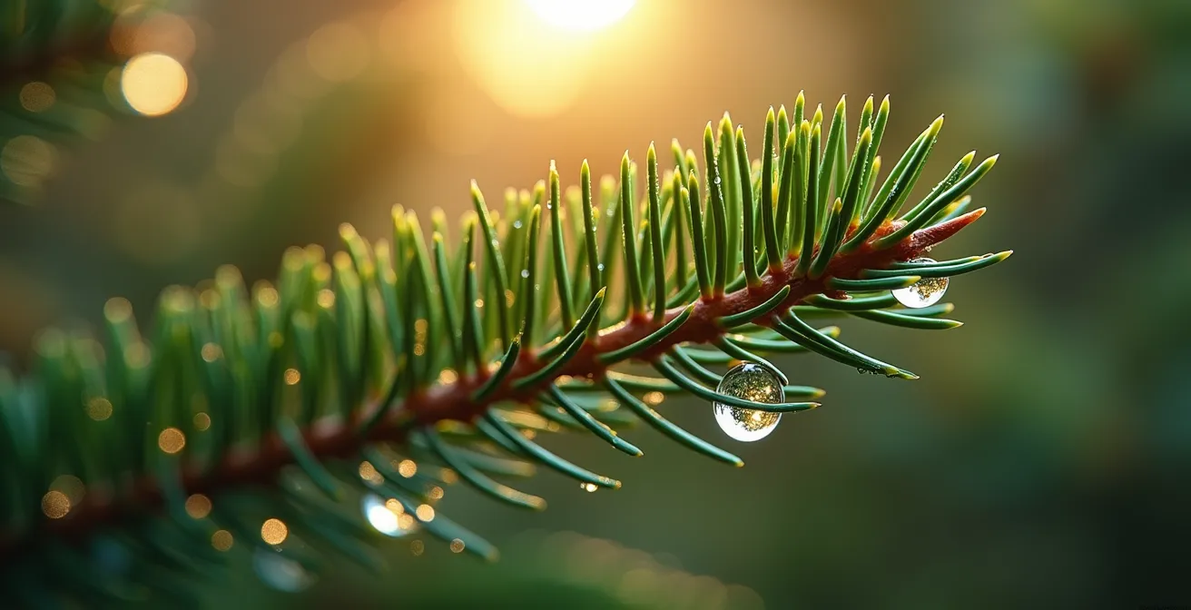 Nahaufnahme von Sonnenstrahlen durch Nadelbaumzweige mit sichtbaren ätherischen Ölen
