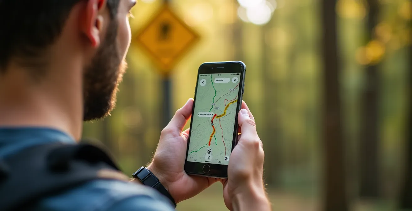 Ein Wanderer vergleicht an einer Wegkreuzung die GPS-Daten auf seinem Smartphone mit einem physischen Wegweiser aus Holz.