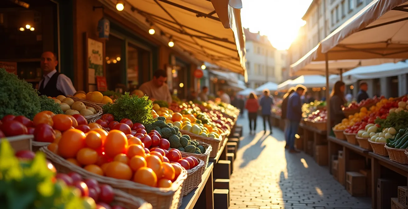 Lebendiger Wochenmarkt mit bunten Obst- und Gemüseständen im warmen Morgenlicht, der zum Kauf regionaler Produkte einlädt