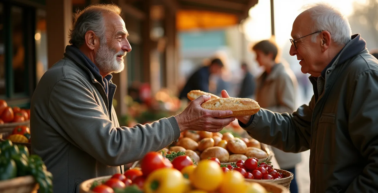 Lebhafter Wochenmarkt mit regionalen Erzeugern und traditionellen Produkten