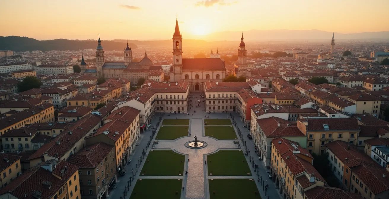 Luftaufnahme einer historischen Stadt mit farblich markierten Epochenzonen