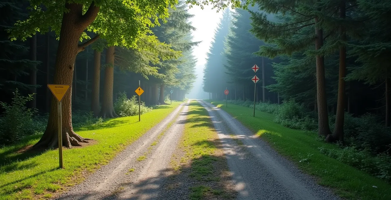 Vergleich zwischen einem gut markierten Qualitätsweg und einem zugewachsenen, unmarkierten Pfad im Wald.